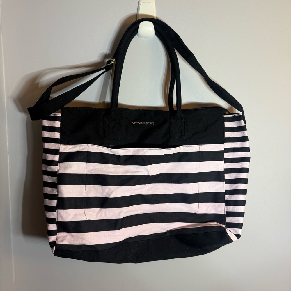 Victoria’s Secret Black & Pink Stripe Weekender Tote Bag - Picture 1 of 5